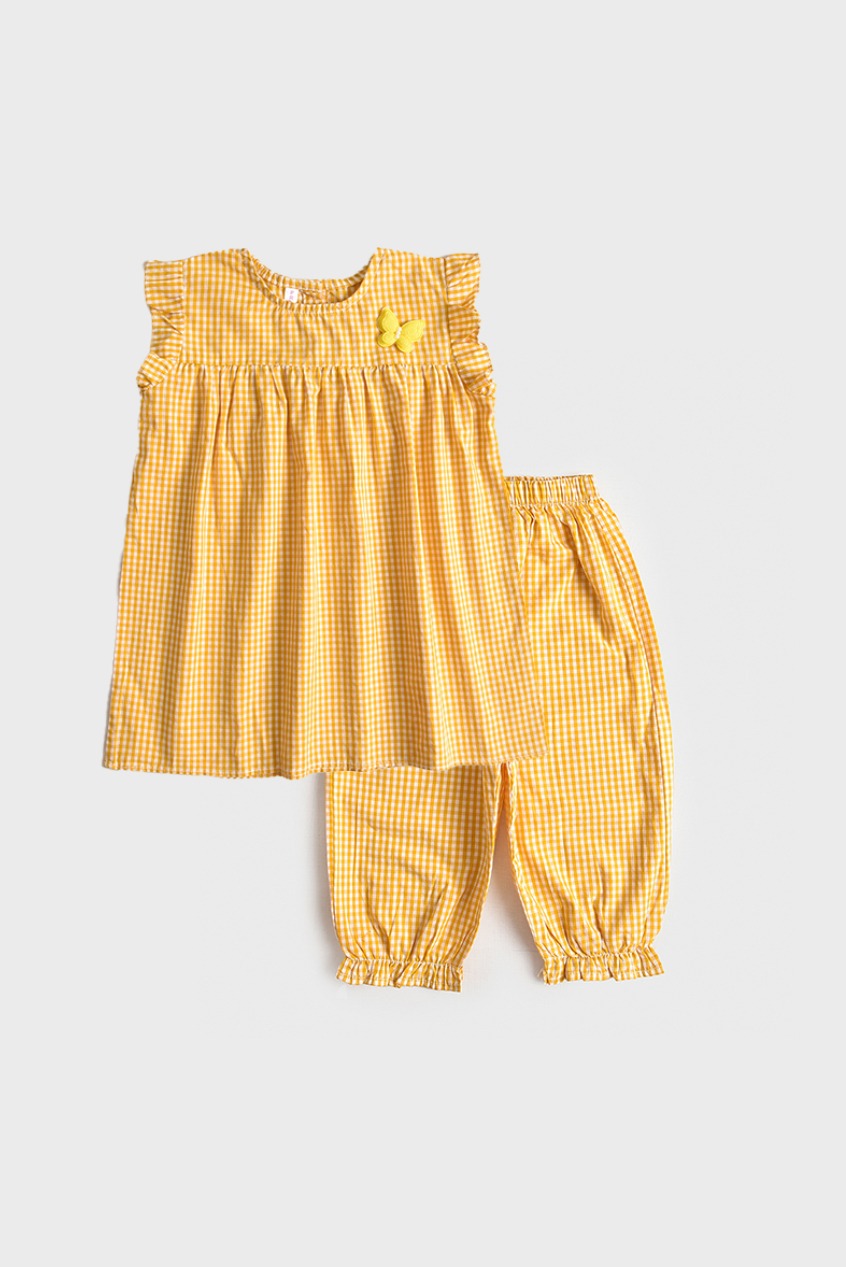 Girls' Designer Multicolor Frock Set with Hat & Leggings – Pearl & Bow Detail