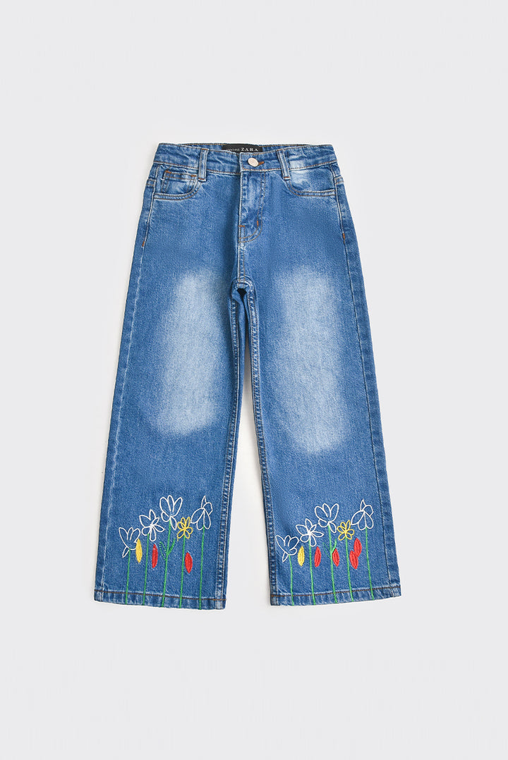 Light Blue Embroidered Wide-Leg Jeans