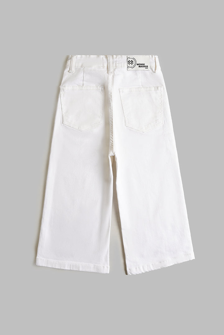 Girls' White Embroidered Denim Pants (PW351)