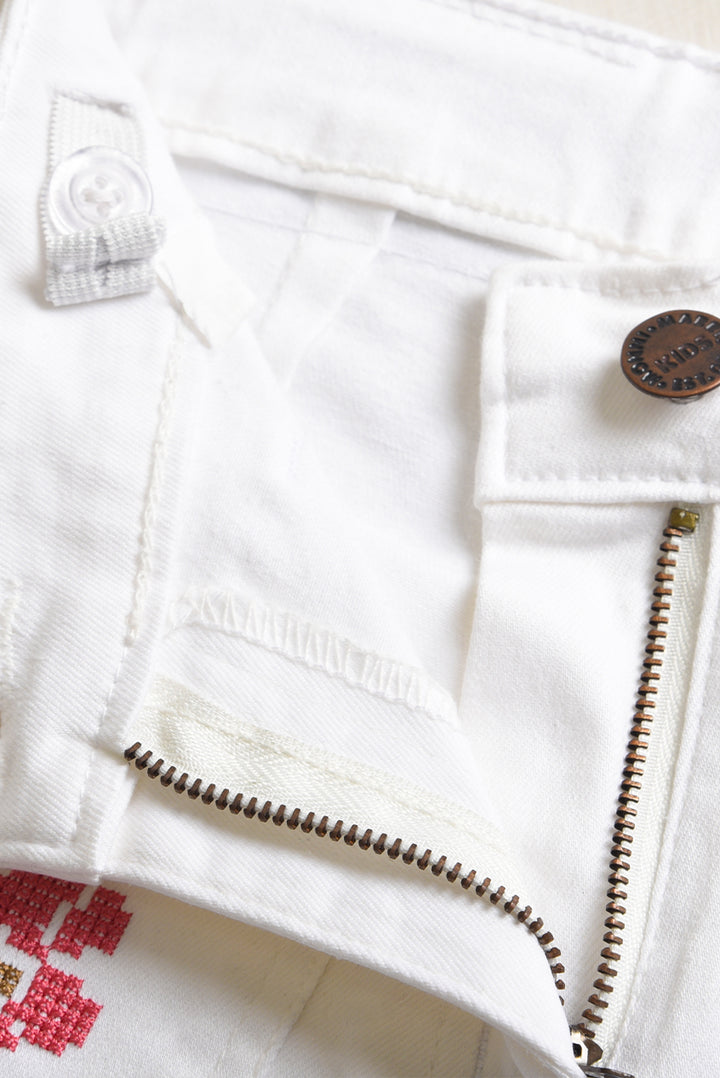 Girls' White Embroidered Denim Pants (PW351)