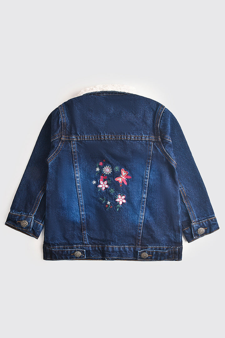 Denim Back Embroidered Jacket with Fur Collar