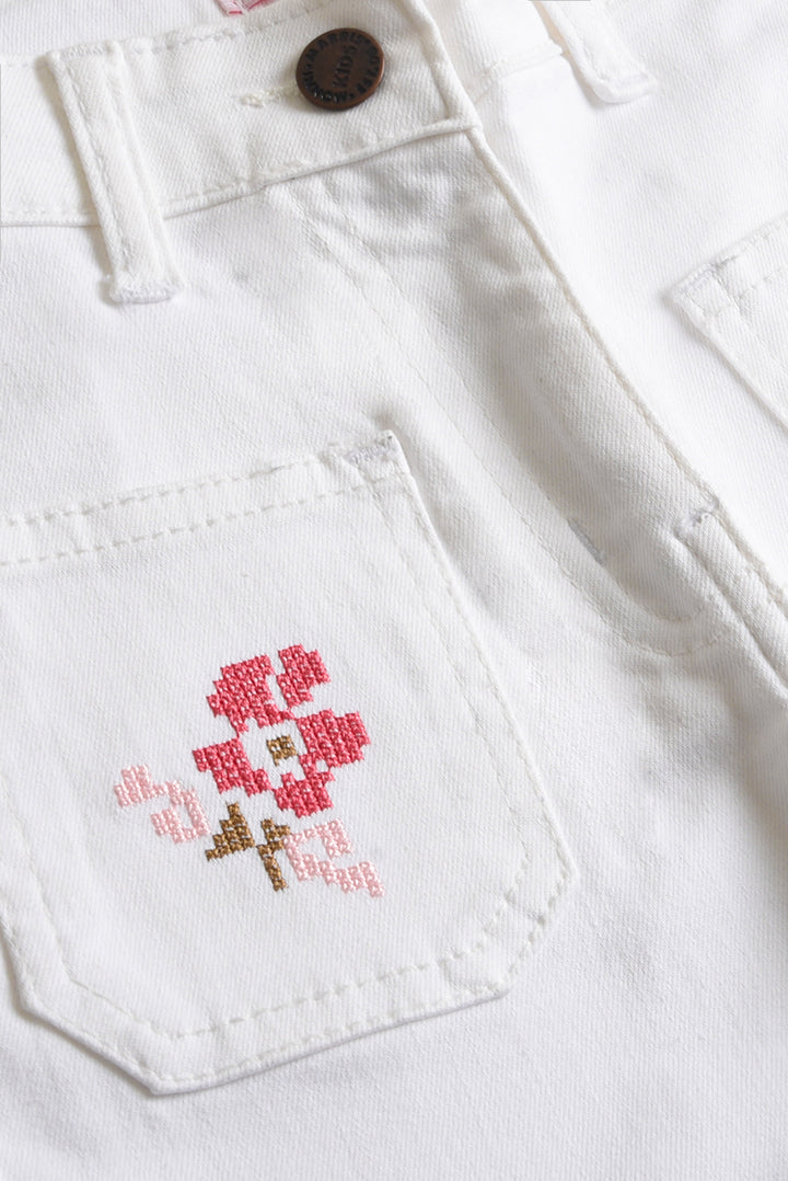 Girls' White Embroidered Denim Pants (PW351)