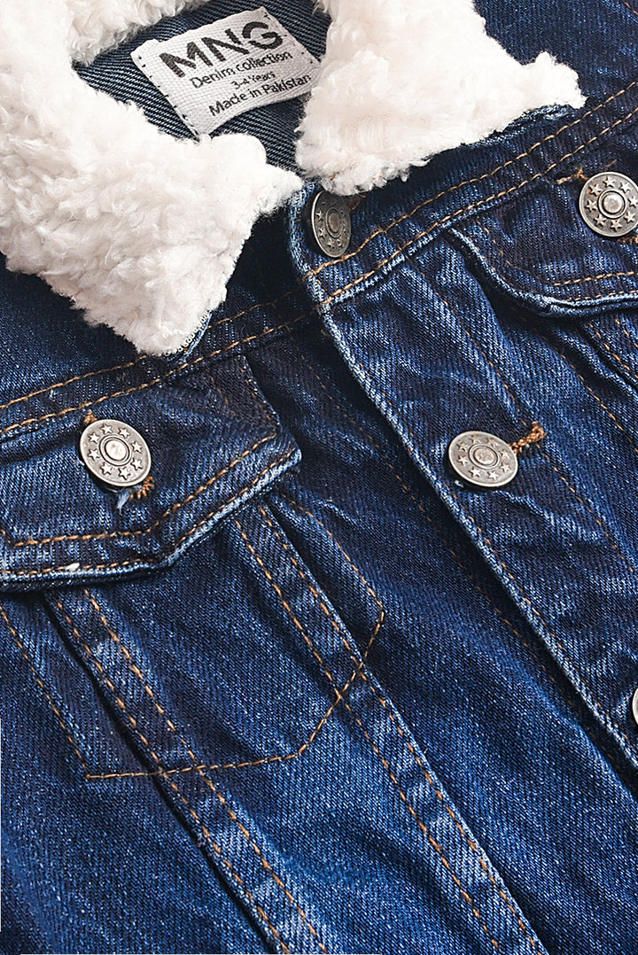 Denim Back Embroidered Jacket with Fur Collar