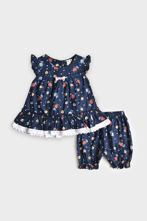 Navy Floral Baby Girl Cotton Frock Set (PW134)