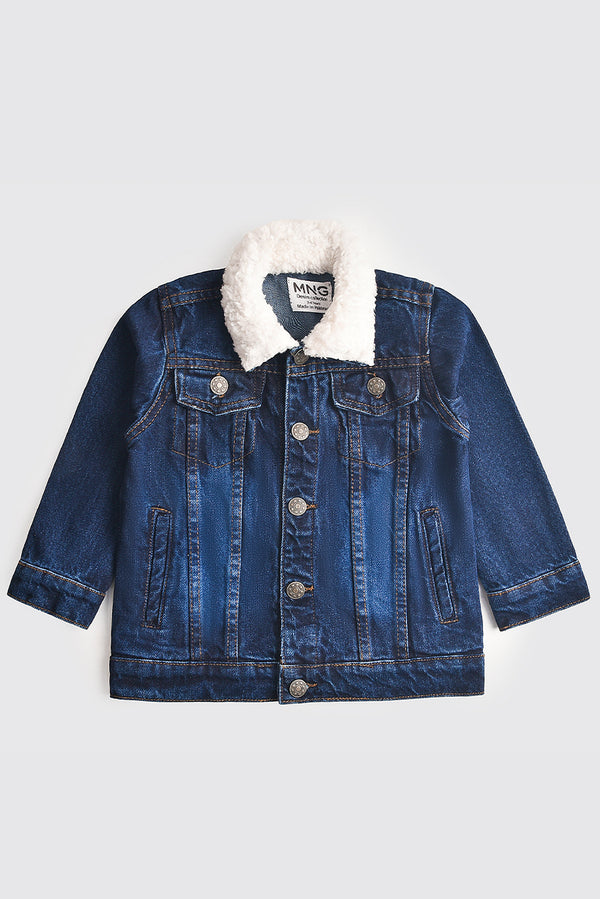 Denim Back Embroidered Jacket with Fur Collar