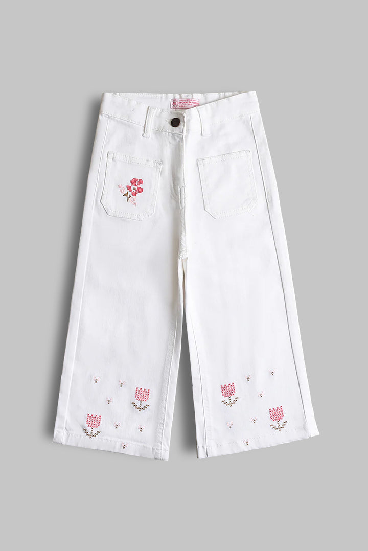 Girls' White Embroidered Denim Pants (PW351)