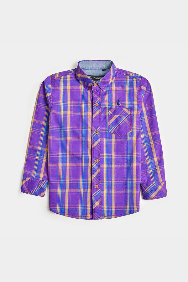 Purple Plaid Long-Sleeve Cotton Shirt
