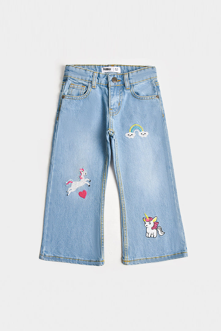 Wide-Leg Denim with Unicorn Embroidery