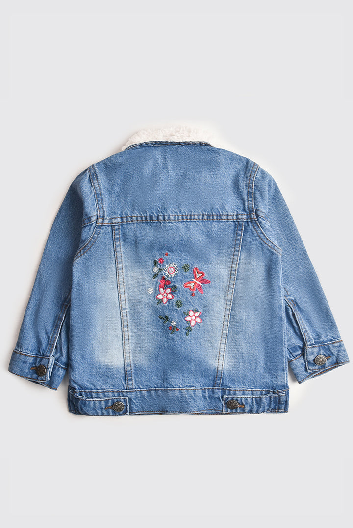 Denim Back Embroidered Jacket with Fur Collar