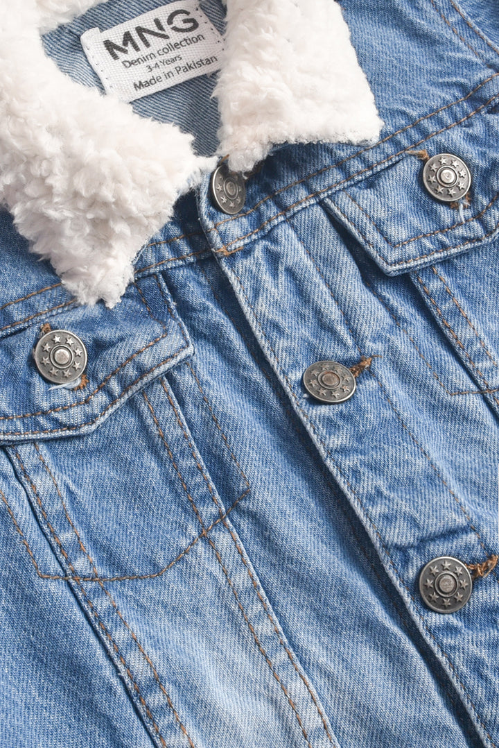 Denim Back Embroidered Jacket with Fur Collar