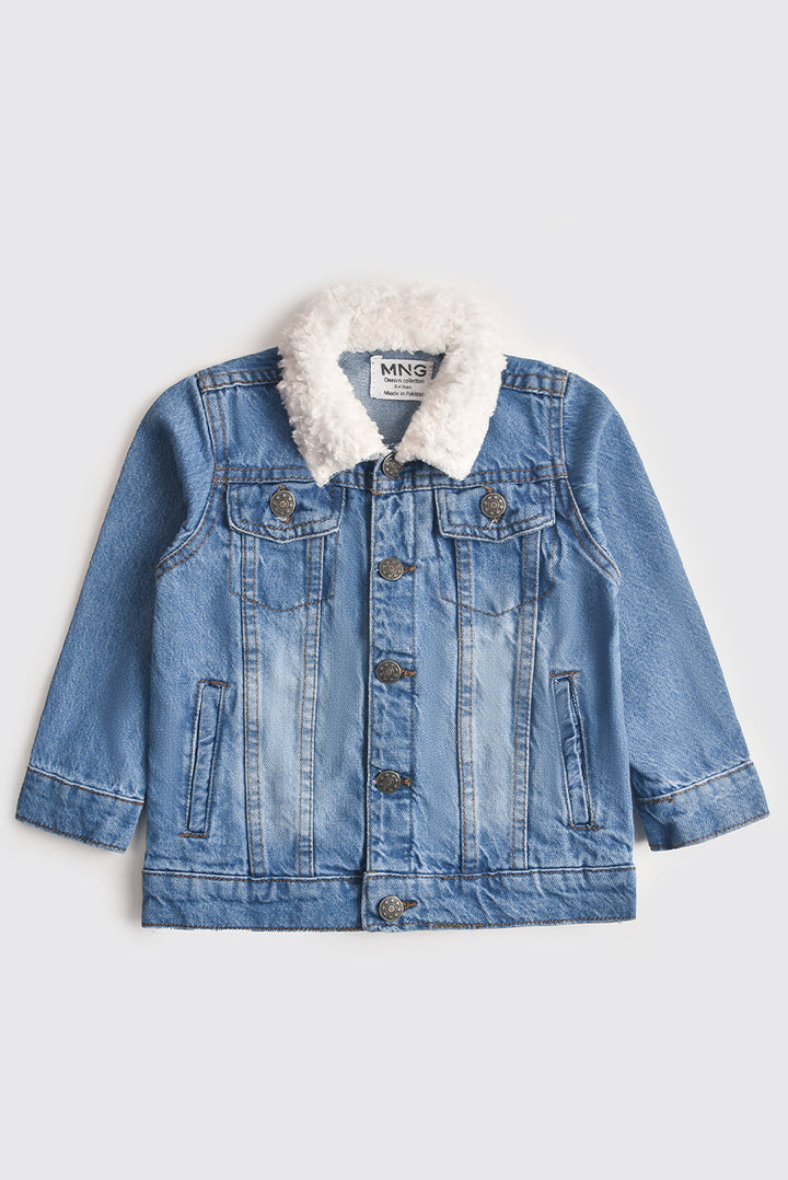 Denim Back Embroidered Jacket with Fur Collar