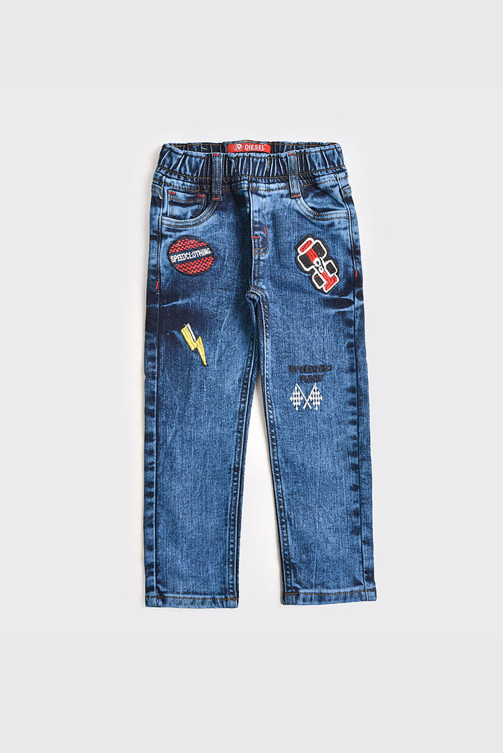 Blue Elastic Waist Racing Jeans