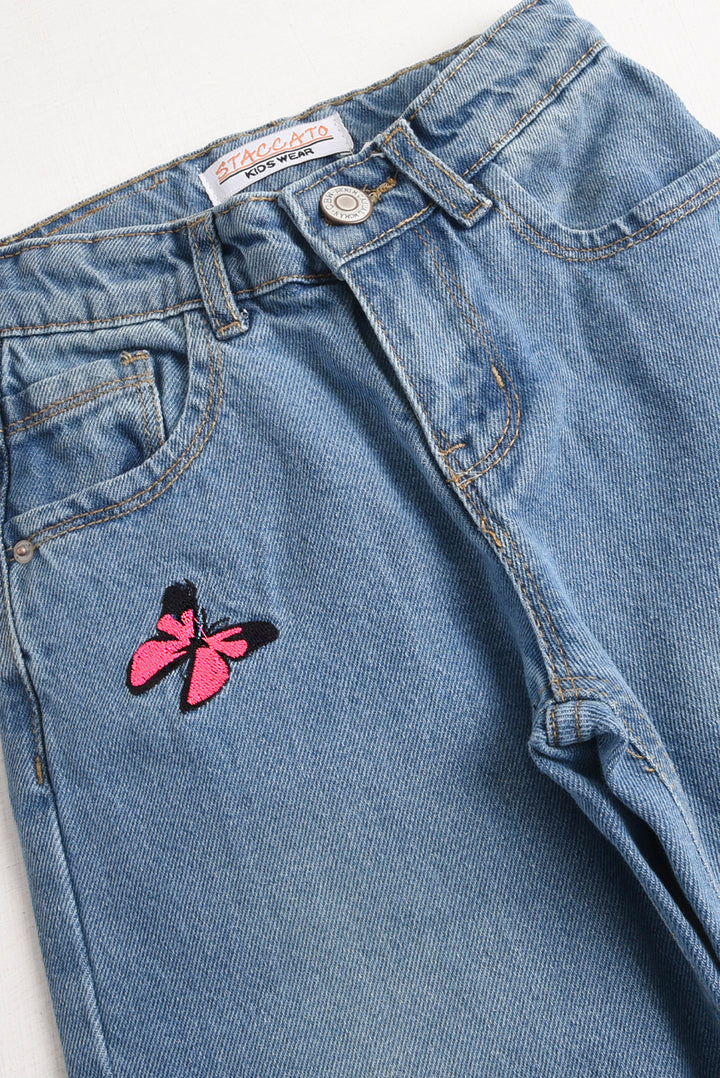 Embroidered Butterfly Drift Denim Pants (PW590)