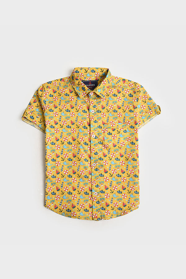 Boys Yellow Printed Cotton Shirt (PW251)