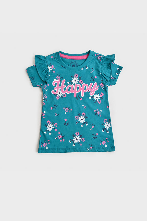 Happy Floral Ruffle Sleeve Girl's T-shirt (PW236)