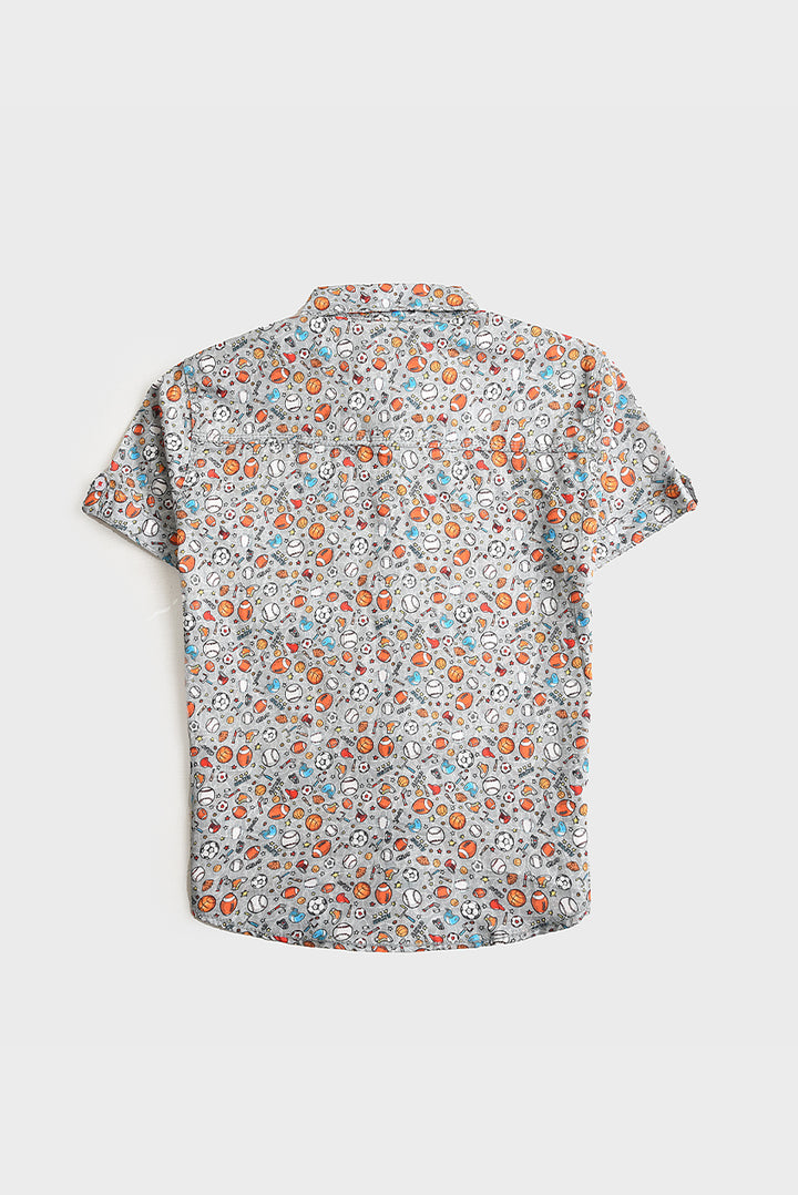 Boys Grey Printed Cotton Shirt (PW249)