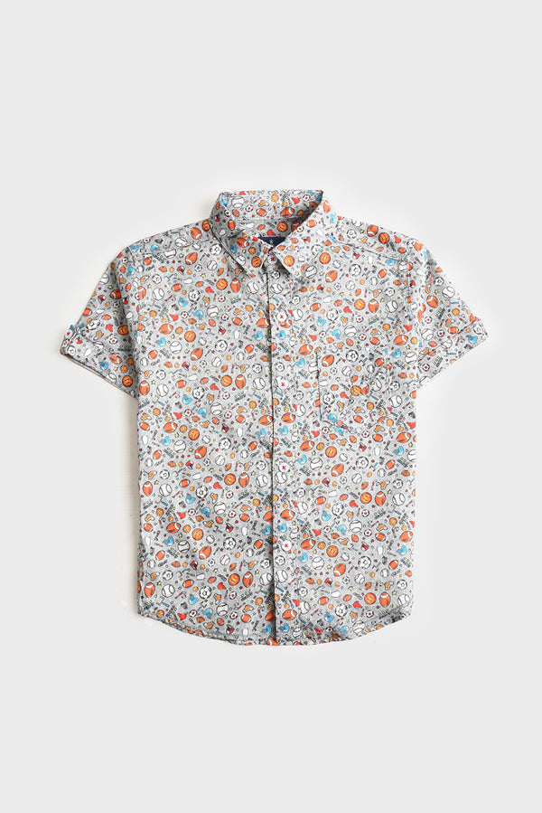 Boys Grey Printed Cotton Shirt (PW249)