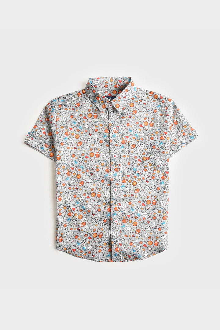 Boys Grey Printed Cotton Shirt (PW249)