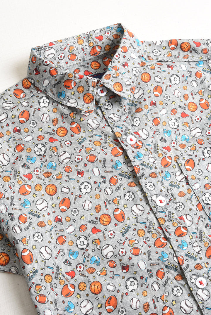 Boys Grey Printed Cotton Shirt (PW249)