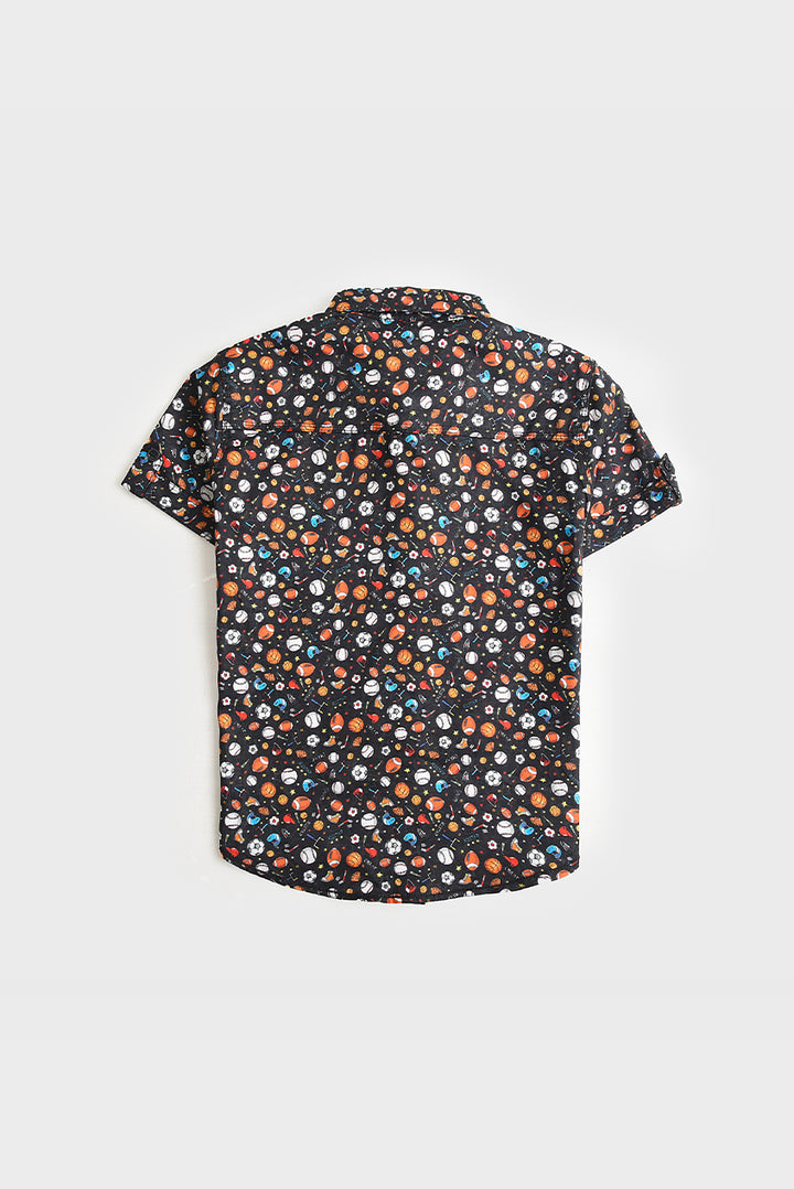 Boys Black Printed Cotton Shirt (PW248)