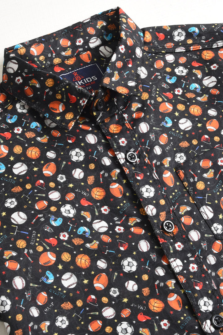 Boys Black Printed Cotton Shirt (PW248)