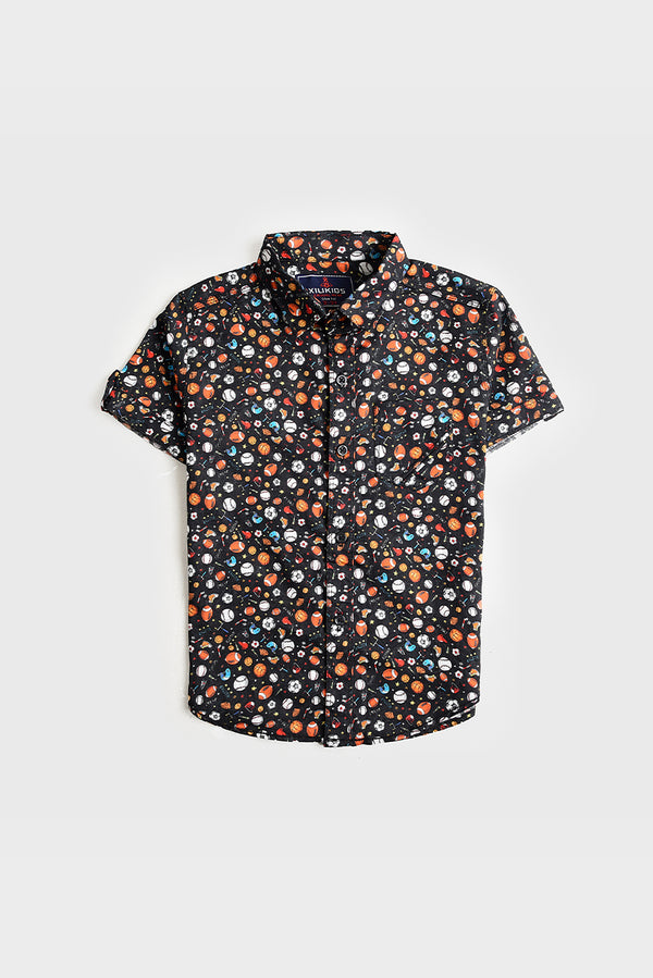 Boys Black Printed Cotton Shirt (PW248)