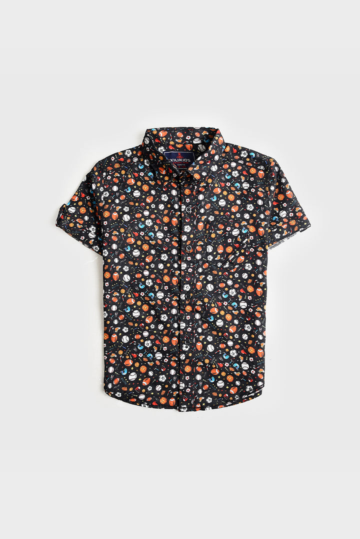 Boys Black Printed Cotton Shirt (PW248)