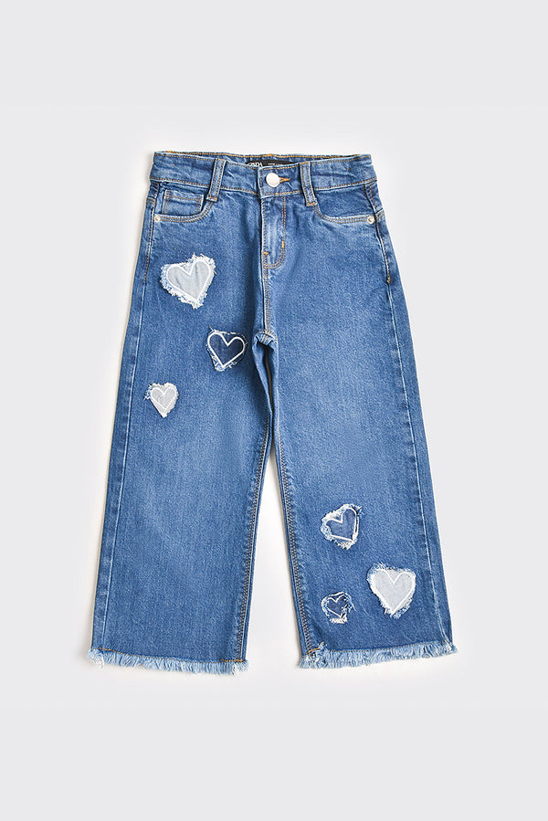 Wide Leg Heart Patched Jeans