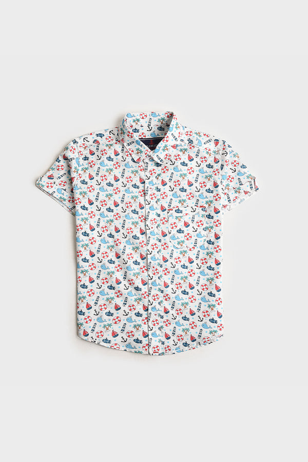 Boys White Printed Cotton Shirt (PW250)