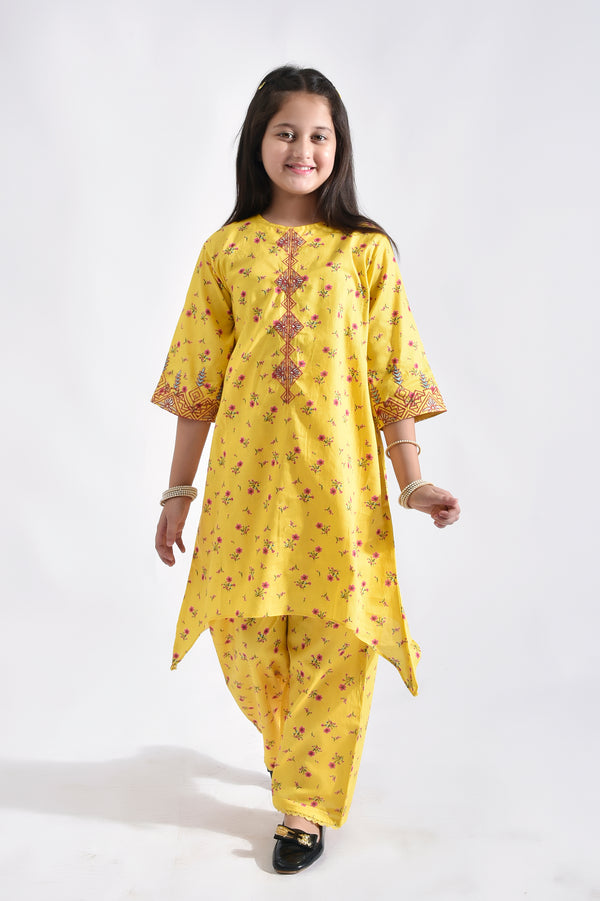 Girls Floral Embroidered Yellow Set (PW219)