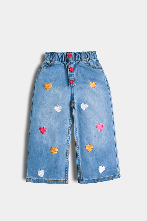 Girls Heart Embroidered Denim Pants (PW372)
